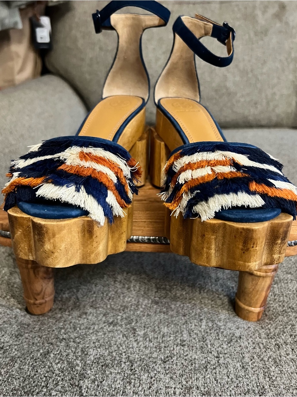 Tory Burch Navy, Orange & White Fringed Block Heel Sandals - Picture 4 of 6